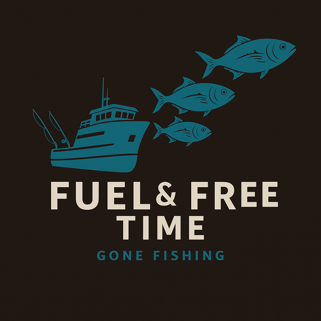 Fishing-themed graphic with boat and fish silhouettes on a black background, featuring 'Fuel & Free Time Gone Fishing' text.